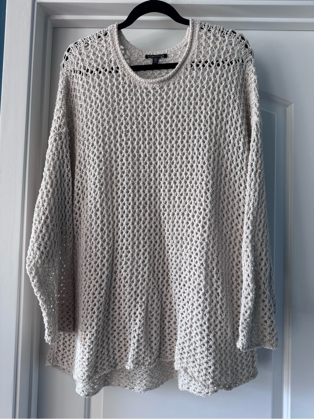 Eileen Fisher Bone Open-Stitch Cotton Scoop-Neck Sweater